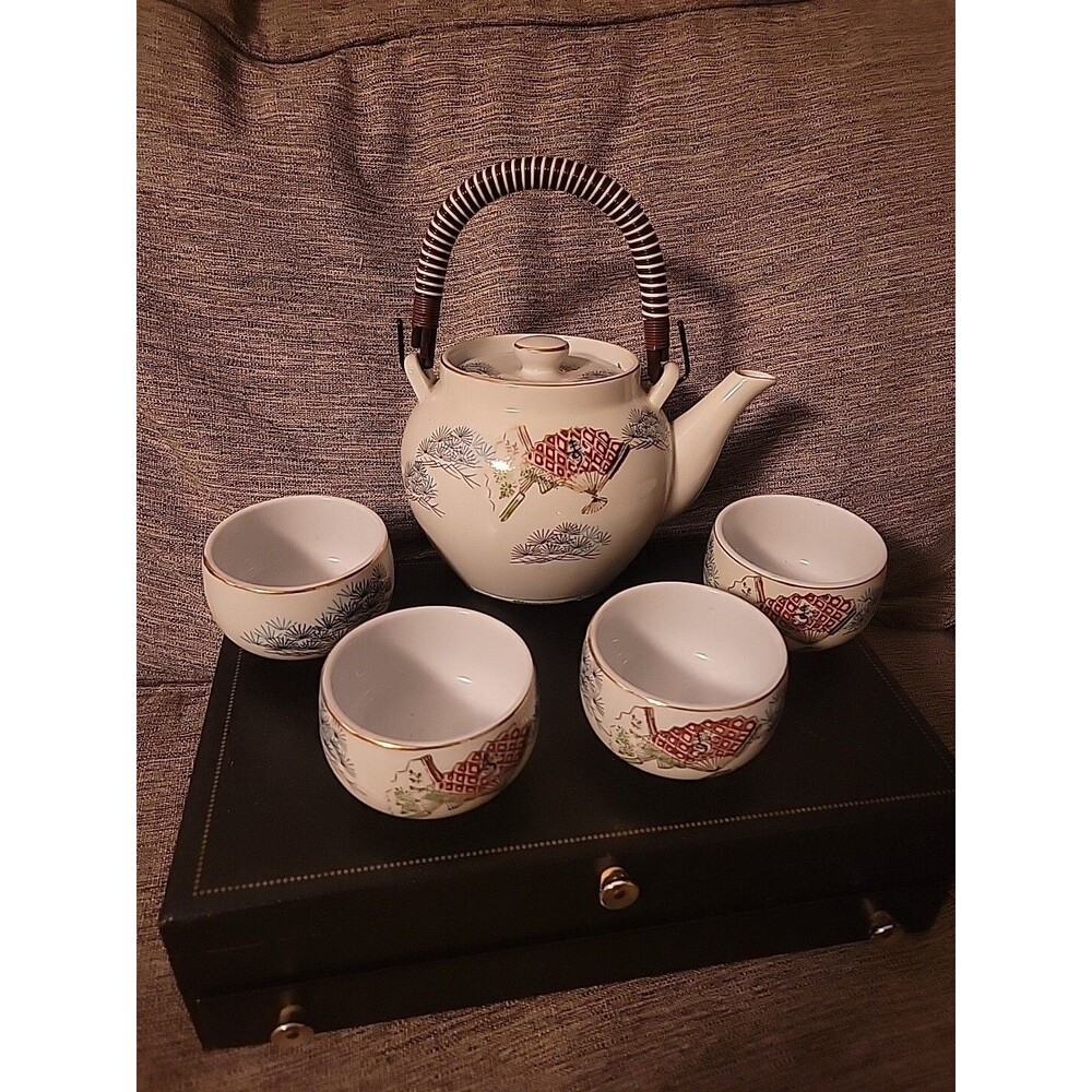 Vintage Kawashima Japan Teapot And 4 Cups Red Fans Marked Small Island